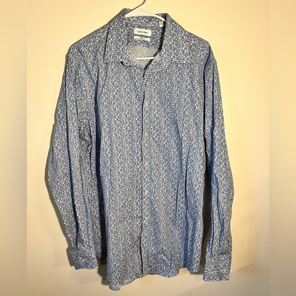Calvin Klein Blue Floral Steel Slim Fit Long Sleeve Button Down Shirt Men’s XL
